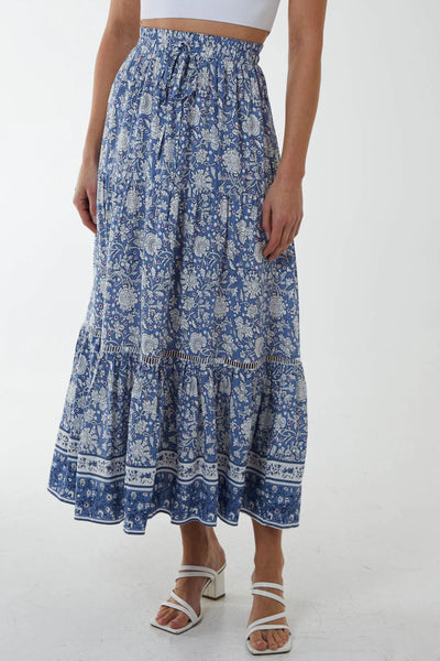 Tessa - Tiered Maxi Skirt - Blue/White