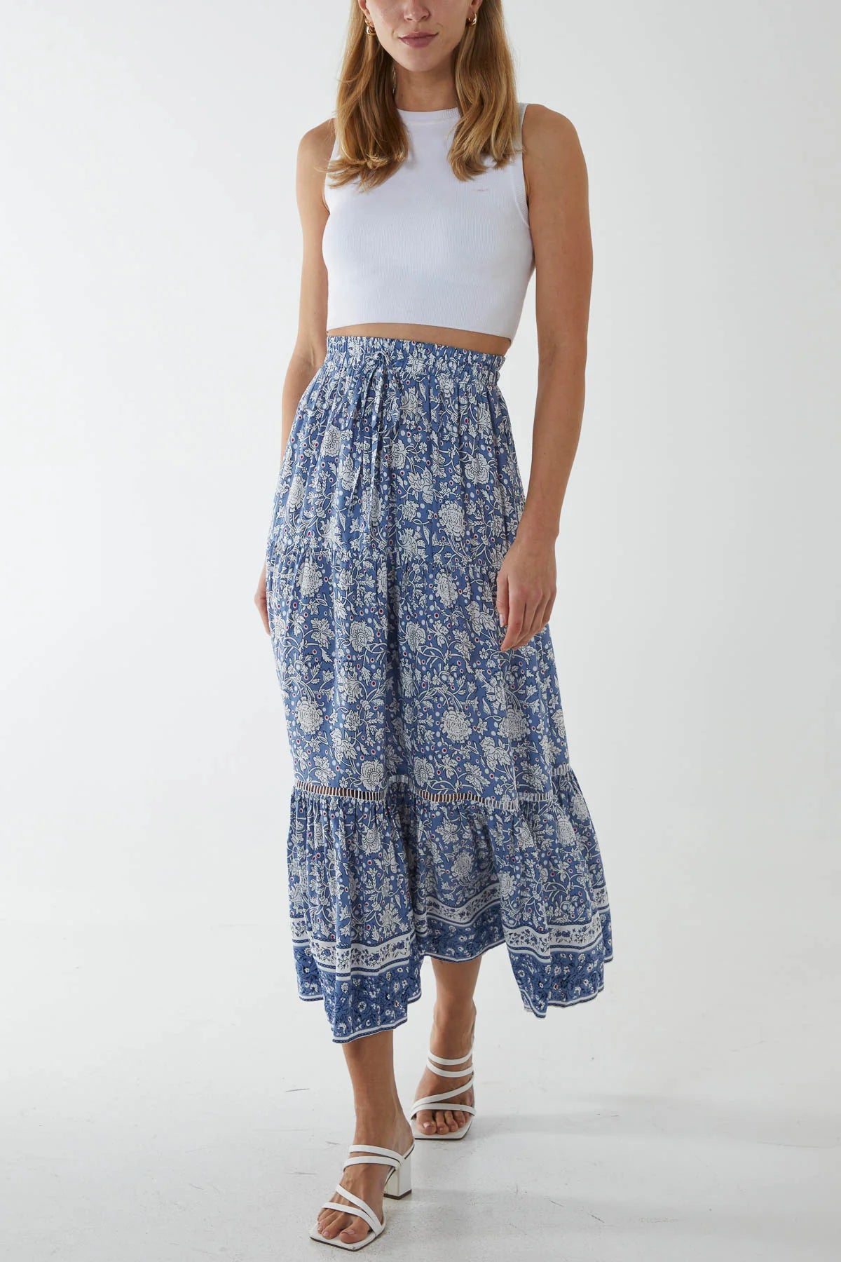 Tessa - Tiered Maxi Skirt - Blue/White
