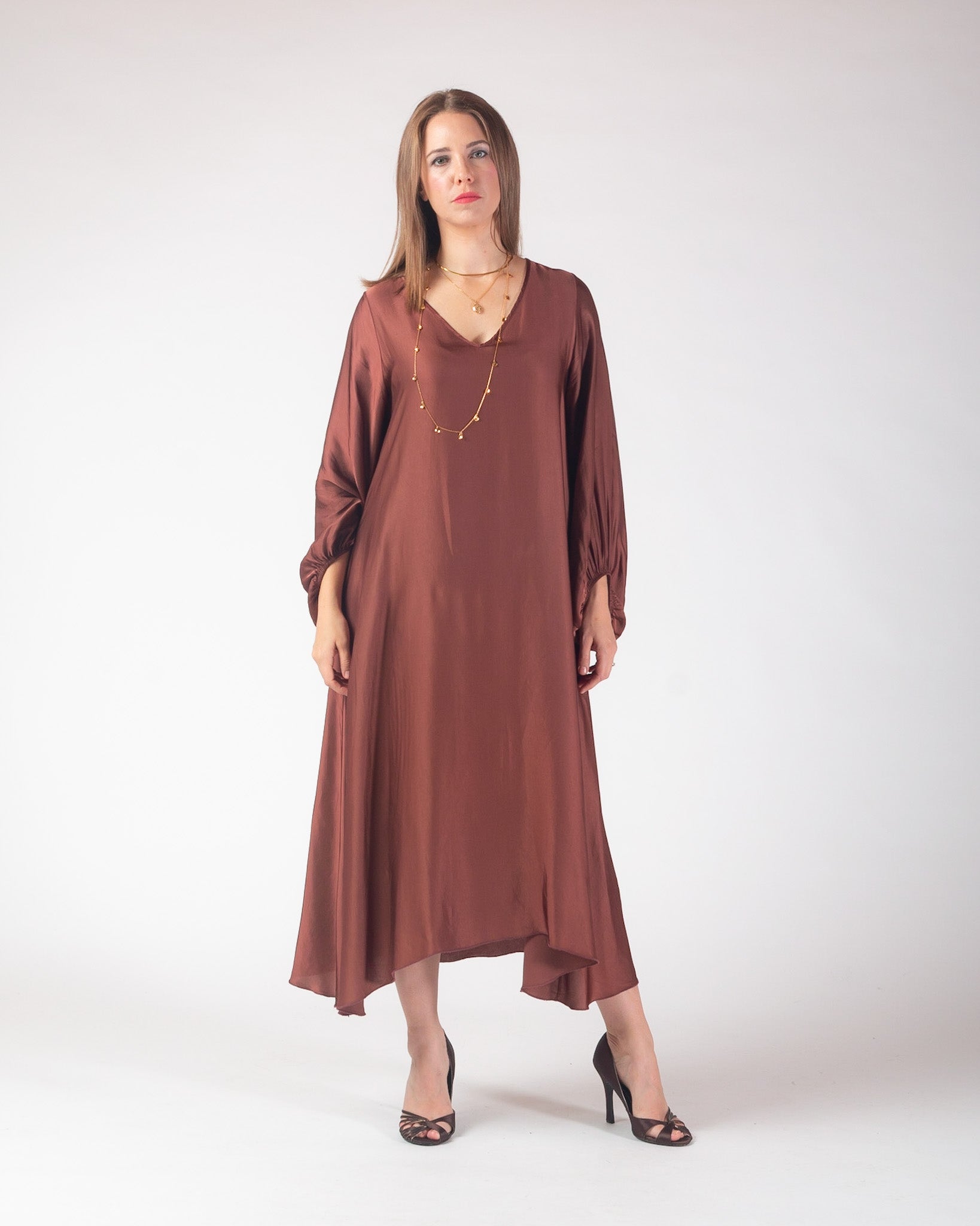 Leni V Neck Satin Maxi dress - Rust