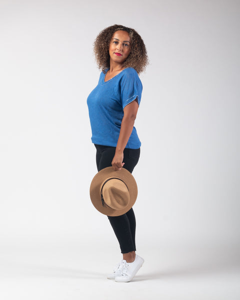 Lexi - Lurex Trim V Neck Tee - Royal Blue