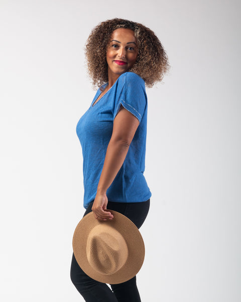 Lexi - Lurex Trim V Neck Tee - Royal Blue