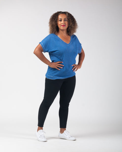 Lexi - Lurex Trim V Neck Tee - Royal Blue