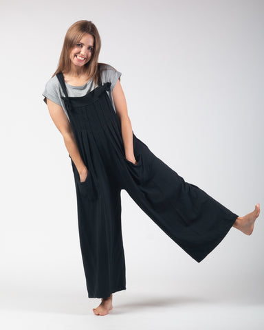 Wide Leg Front Pocket Dungarees - Black