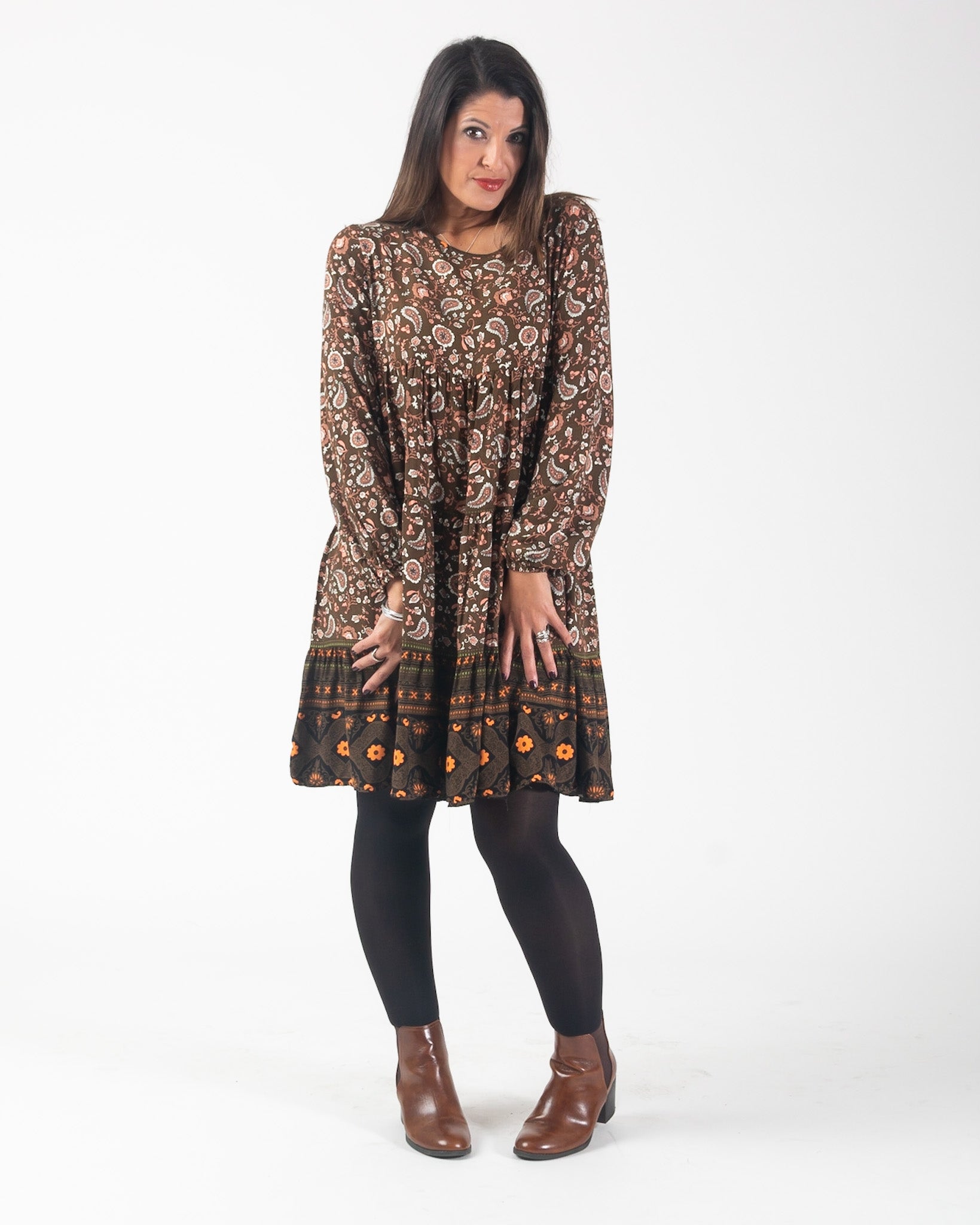 Sasha Paisley long sleeve smock dress - Khaki