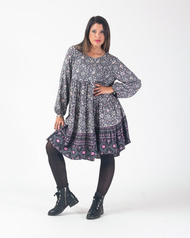 Sasha Paisley long sleeve smock dress - Grey
