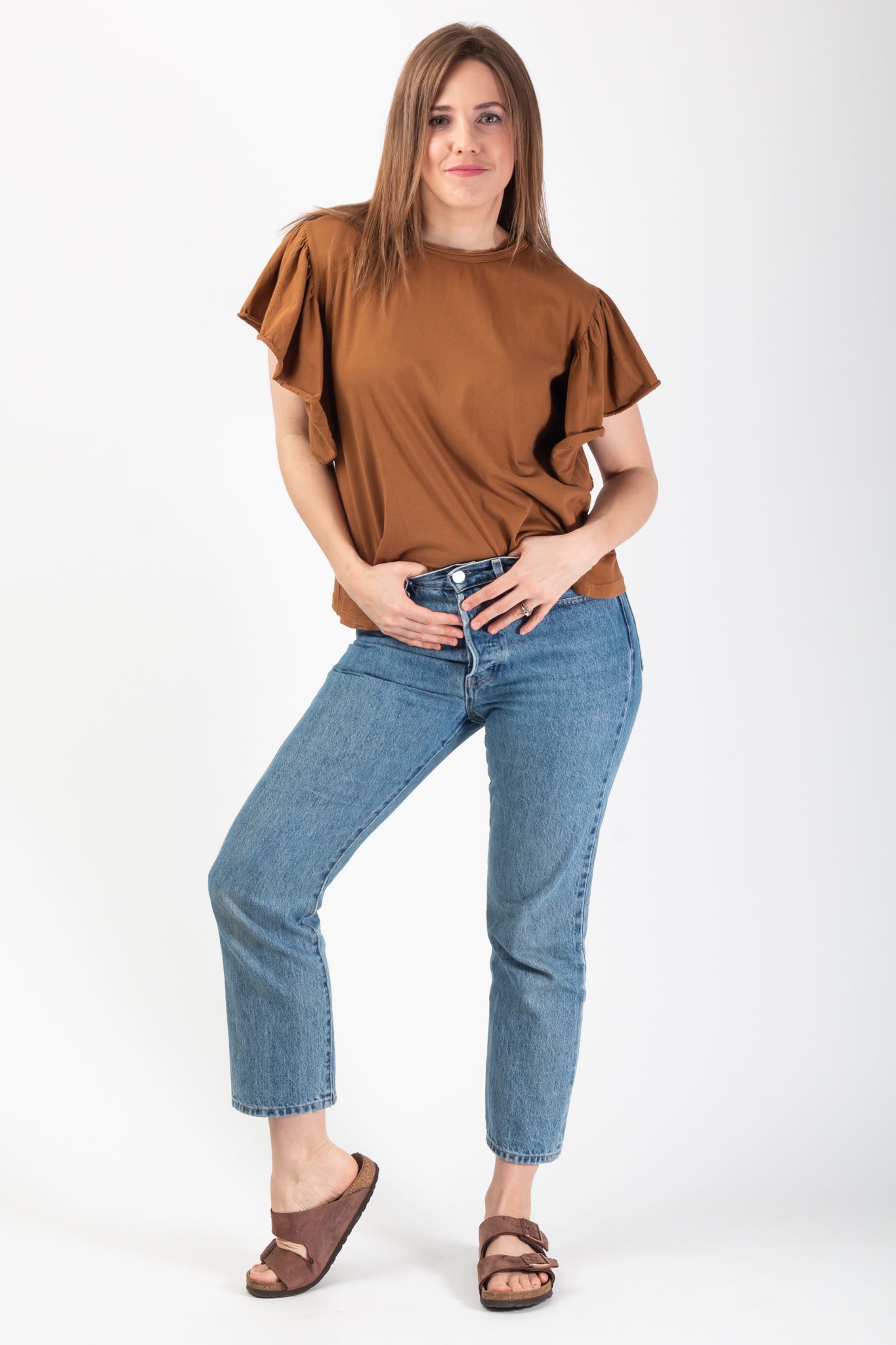 Carli Tobacco Frill sleeve Tee